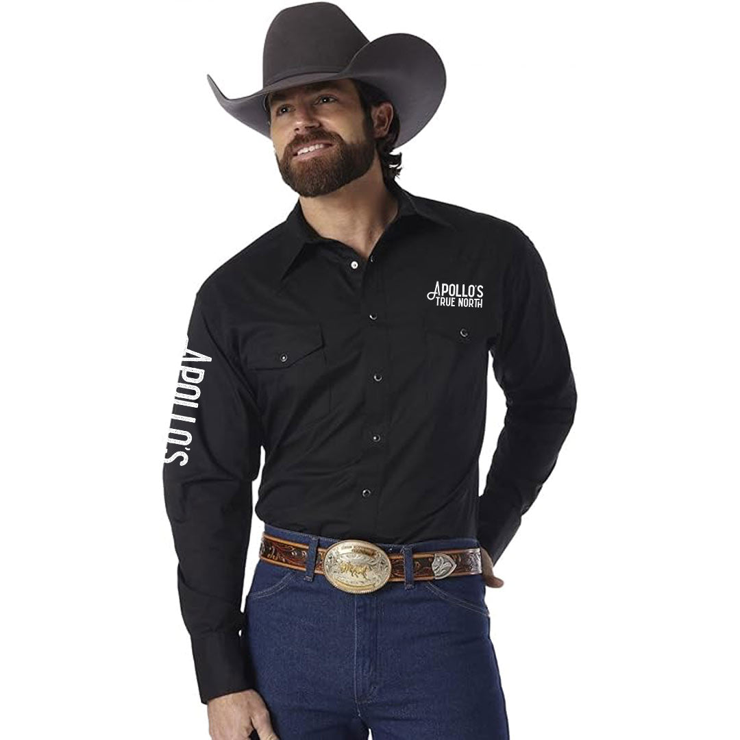 Men's Wrangler Logo Long Sleeve Western Snap Shirt in Aqua Print Men's Wrangler Logo Long Sleeve Western Snap Shirt in Aqua Print