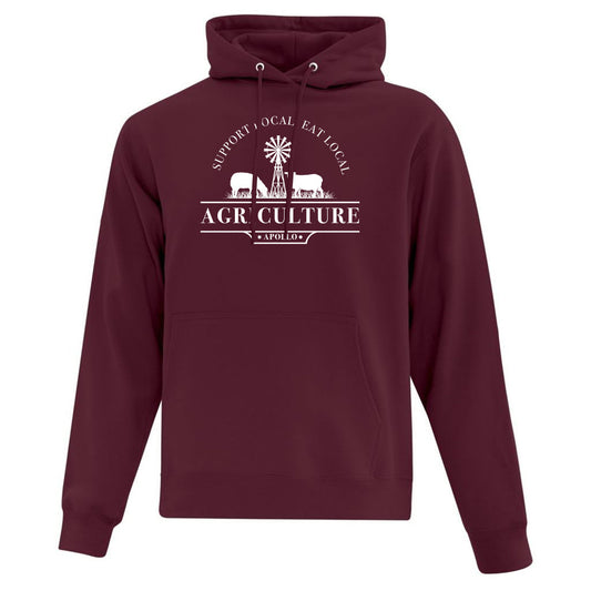 Maroon Hoodie with Stylish 'Support Local, Eat Local' Graphic Featuring 'Agriculture' Text and Charming Farm Animal Images. Stay Cozy in this Trendy Sweatshirt Promoting Local Sustainability and Farm-to-Table Values. Perfect for Those Who Embrace the Farm Life Aesthetic. Shop Now for a Fashionable Statement Piece!