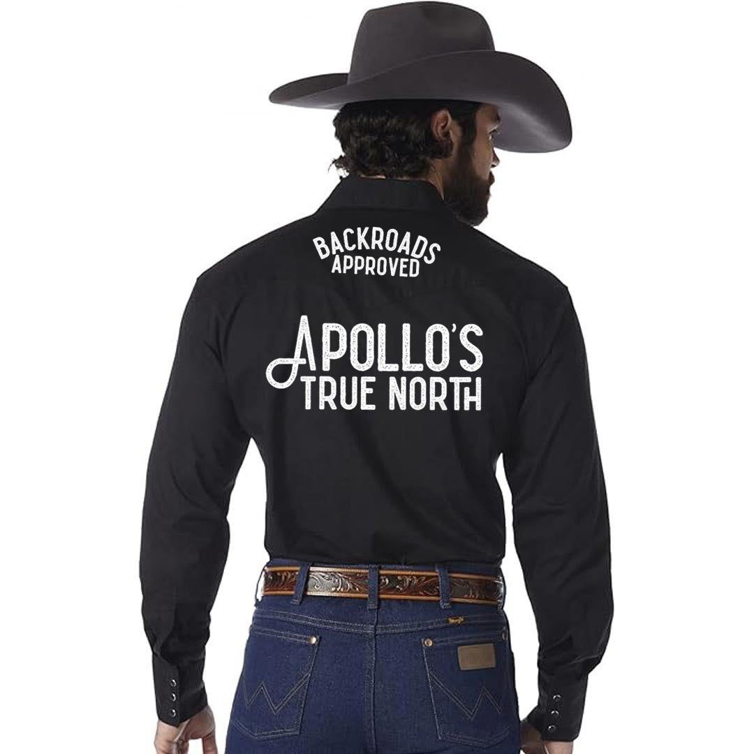 Men's Wrangler® Logo Long Sleeve Western Snap Shirt In Black N Blue Men's Wrangler® Logo Long Sleeve Western Snap Shirt In Black N Blue